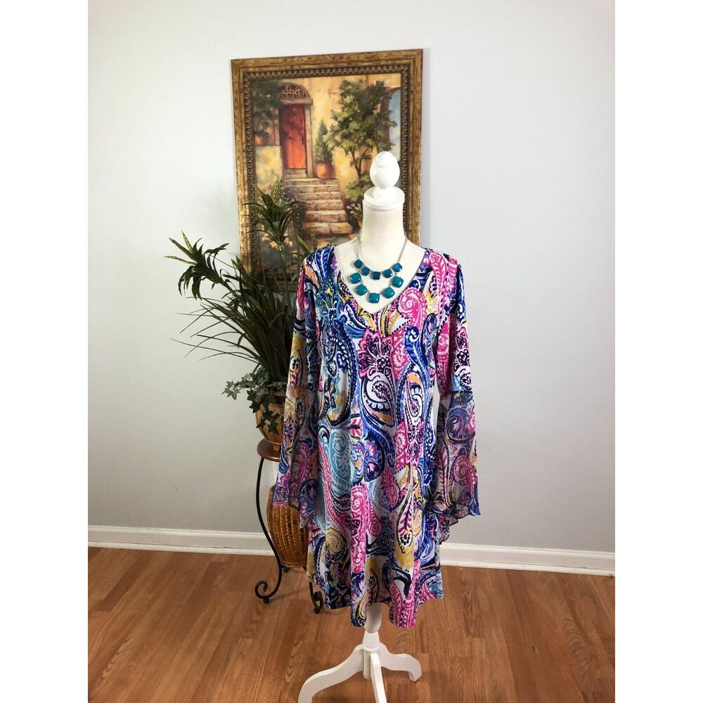 MSK Shift Dress Women's Medium Multi Paisley Print Long Flared Sleeve Tie Neck